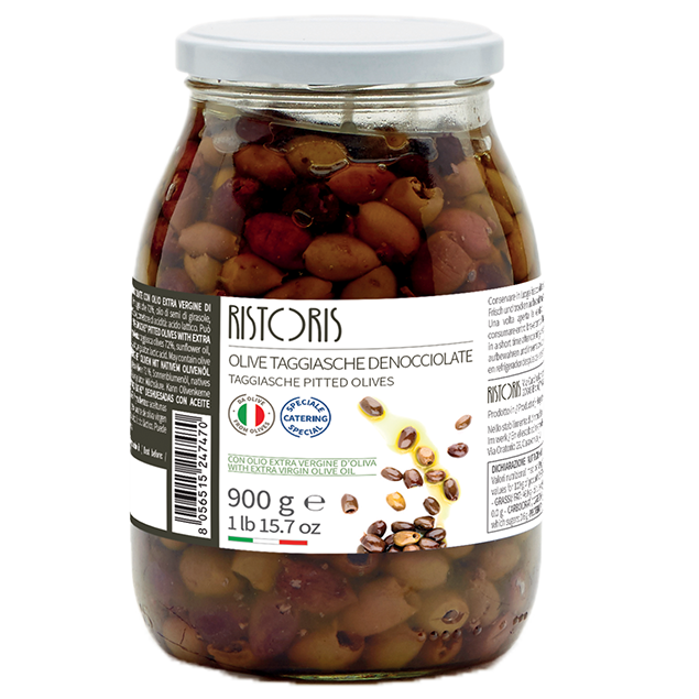 TAGGIASCHE PITTED OLIVES IN BLEND OF OILS: EXTRA VIRGIN + SUNFLOWER OIL 
